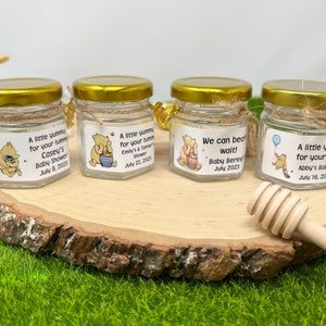 Winnie the Pooh Honey Jar Favors in 1.5oz Hexagon Jars , Baby Shower Favors, Mini Honey Jar Party Favors , Pooh Honey Jars Custom Name