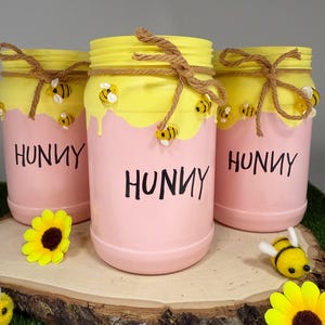 Honey Pot Plastic mason jar centerpiece, Hunny pot centerpiece, hunny pot party decor, Pooh baby shower, Winnie the Pooh Centerpiece