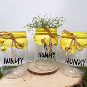Honey Pot Plastic Mason Jar centerpiece, Hunny Pot Centerpiece, Honey Baby Shower Decor , Pooh Baby Shower , Winnie the Pooh Centerpiece