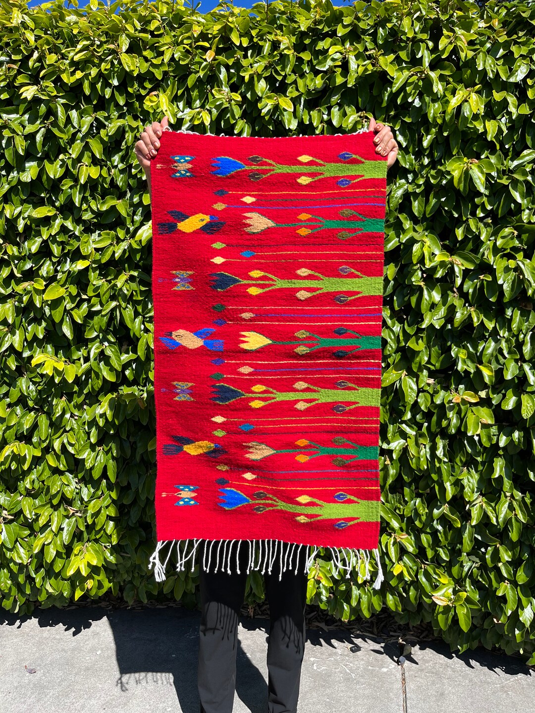 Zapotec Rug Sheep Wool Red Birds Hand Woven Organic Natural Figure Teotitlan Del Valle Oaxacan