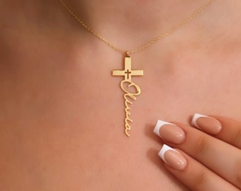 Personalised Cross Necklace, 18k Gold Plated Necklace, Christening Gift, 1st Communion pendant, Baptism gift, Custom cross necklace