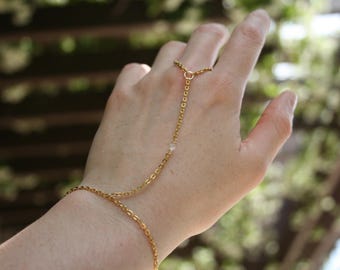 Dainty Gold Hand Chain – Iridescent Gem Hand Chain, Bohemian Chain Ring Jewelry, Casual, Bridal or Festival Hand Accessory