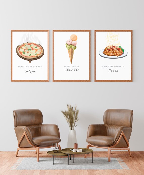 3 Prints, Triptych of Italian Food, Illustration Print, Digital