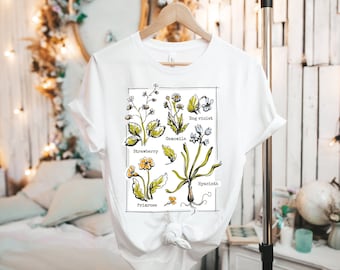 ボタニカルフラワーTシャツ、ハーブガーデンTシャツ、花柄イラスト