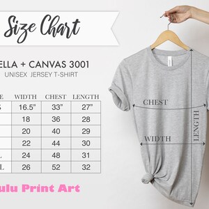 May include: Size chart for Bella + Canvas 3001 unisex jersey t-shirts. The chart shows measurements in inches for XS, S, M, L, XL, and 2XL sizes. The measurements include width, chest, and length.
