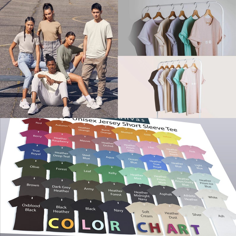 May include: Color chart for unisex short sleeve t-shirts. The chart shows a variety of colors, including red, blue, green, brown, black, and white. The chart also includes the text "COLOR CHART".