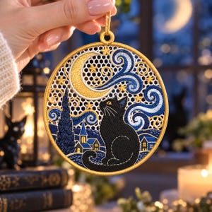 Plik do haftu FSL: Wzór czarnego kota z Gwiaździstą Nocą, Ornament księżycowy w stylu Van Gogha, Naszywka łapacz słońca z niebiańskim kotem, Haft maszynowy