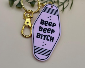 Quirky Pink Acrylic Keychain: Retro Motel Style - "Beep Beep"