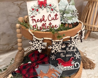 Dashing Through The Snow Tiered Tray Decor Set | Mini Sign Set | Five Sign Set | Christmas Decor | Cute Holiday Season Home Decor