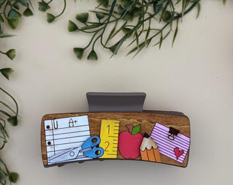 Hand-Painted School Wooden Hair Claw Clip | Teacher Gift
