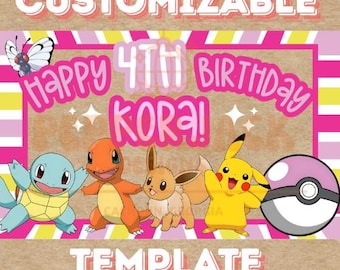 Modello di banner PKMN / Modello Canva modificabile / Modello di banner dipinto a mano / Modello di banner di compleanno