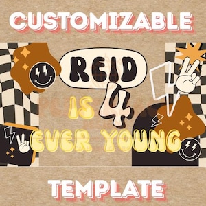 May include: A customizable template design with the name "REID" and the number "4" in a retro style. The design includes the phrases "CUSTOMIZABLE", "IS", "EVER YOUNG", and "TEMPLATE". The color palette includes brown, black, white, and yellow.