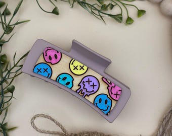 Neon Melting Smiley Face Hair Clip: Handmade Wooden Claw Clip