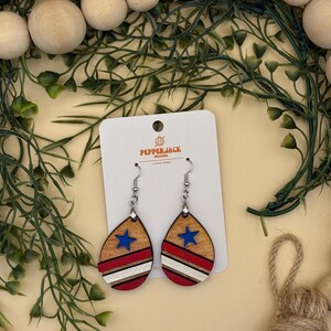 Patriotic Wooden Teardrop Earrings | Red, White & Blue Dangle Earrings | Star Accents | Handmade Jewelry