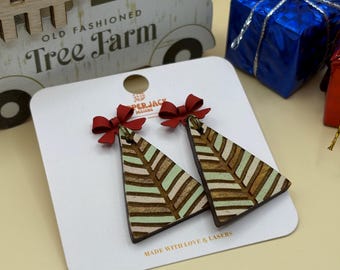 Striped Geometric Christmas Tree Earrings | Handmade and Hand Painted Christmas Earrings | Holiday Earrings | Cute Christmas Tree Accessory