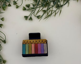 Rainbow Colored Pencil Hair Claw Clip: Hand-Painted Wooden Clip
