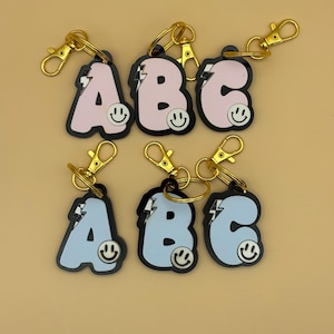 Initial Keychain With Lightning Bolt And Smiley Face | Backpack Charm | Backpack Keychain | Book Bag Keychain | School Gift |