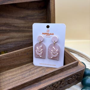 Marbled Pink Acrylic Earrings with Delicate Leaf Detail