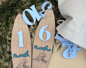 Surfboard Baby Milestone Markers: Maple Wood Month Signs, Acrylic Numbers