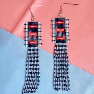 Storm Spirit Handwoven Beaded Fringe Earrings, Navy Red Statement Jewelry