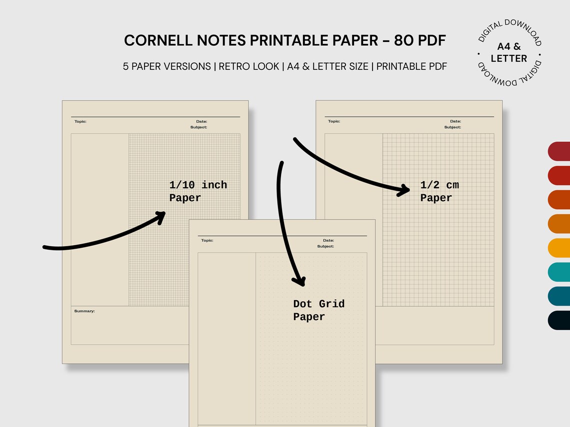 Printable CORNELL NOTES Paper 8 Colours 5 Layouts Lined Etsy