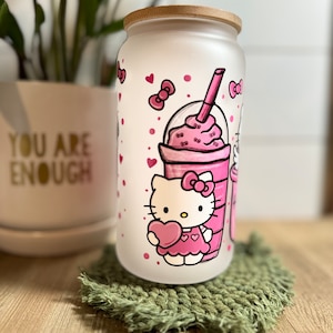 Taza de cristal rosa para bebida Anime Kawaii Kitty and Friends de 16 oz