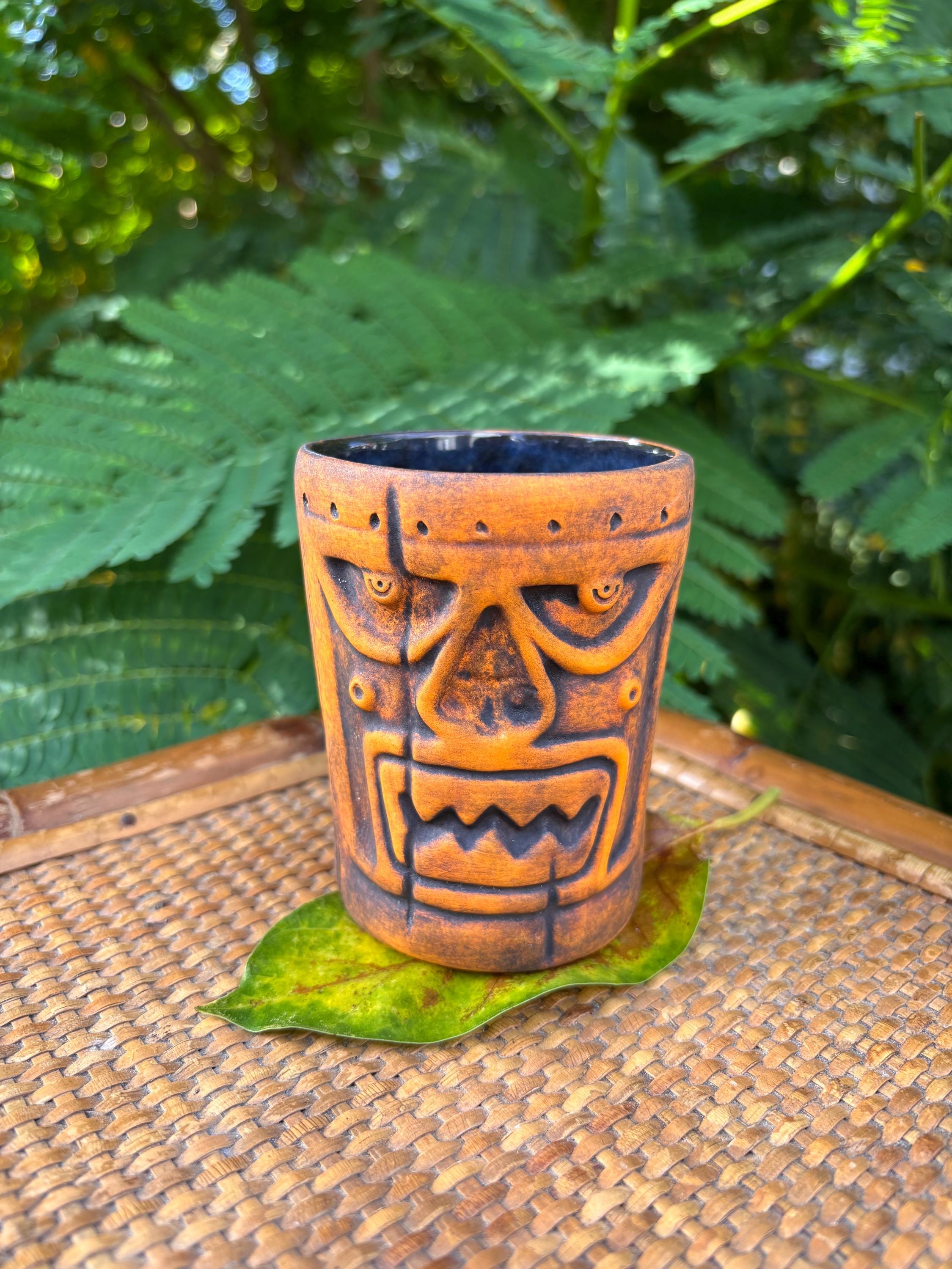 Enchanted Tiki Drum Mug Handmade Ceramic - Halloween Orange edition