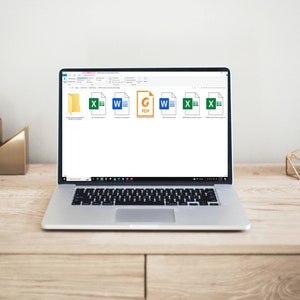 Puede incluir: Un portátil plateado que muestra iconos de archivos, incluyendo documentos de Excel, Word y PDF. El portátil está sobre un escritorio de madera clara, acompañado de decoración geométrica dorada y una planta en maceta. El fondo es una pared neutra.