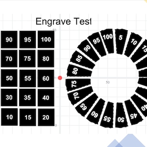May include: A black and white image showing a grid with a circle and a square. The circle is divided into 20 sections, each labelled with a number from 5 to 100. The square is divided into 20 squares, each labelled with a number from 5 to 100. The text "Engrave Test" is at the top of the image.