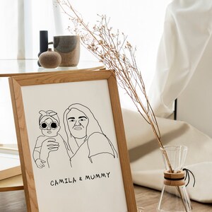 K&ouml;nnte beinhalten: Ein gerahmtes Schwarzwei&szlig;-Strichbild einer Mutter und ihrer Tochter. Die Mutter h&auml;lt die Tochter in ihren Armen. Der Text "CAMILLA & MUMMY" steht unter der Zeichnung.
