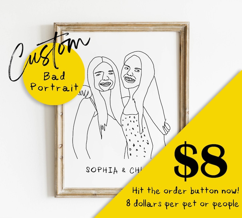 K&ouml;nnte beinhalten: Eine Schwarzwei&szlig;-Zeichnung von zwei Personen, mit dem Text "Custom Bad Portrait" und "SOPHIA & CHI" unter der Zeichnung. Der Preis betr&auml;gt 8 &euro; und der Text "Klicken Sie jetzt auf den Bestellbutton! 8 Euro pro Haustier oder Person" befindet sich unter dem Preis.