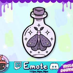 May include: A purple glass bottle with a cork stopper contains a black and white moth with a crescent moon on each wing. The bottle is filled with a light purple liquid and has a white background with stars.