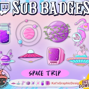 SPACE TRIP Twitch Sub Badges | Subscriber Badges | Bit Badges | Streamer, Pink, Spooky, Emo, Witchery, Cat, Alien, TV, Space, Stars, Potion