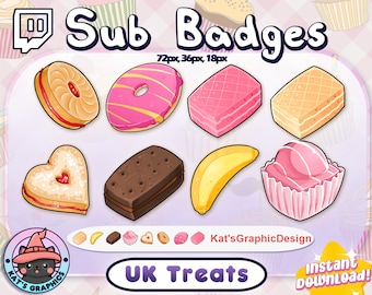 Insignias de suscripción de Twitch de postres/golosinas del Reino Unido / Insignias de suscriptor / Insignias de bit / ÚNICAS, Bonitas, Transmisoras, Pastel, Rosas, Adorables, Plátanos, Obleas, Corazón