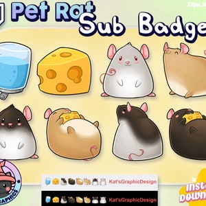 May include: A set of 10 Twitch sub badges featuring cute cartoon rats in various poses, including holding cheese, sleeping, and wearing a syringe. The badges are designed in a cartoon style with bright colors and rounded edges. The text "Pet Rat Sub Badges" is displayed at the top of the image.