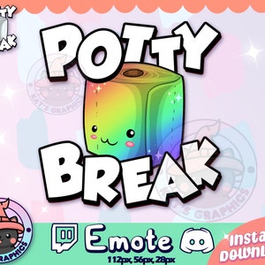 以下が含まれることがあります： かわいい顔をした虹色の漫画のトイレットペーパーのロール。テキスト「Potty Break」は、黒色のアウトラインで白い文字で書かれています。テキスト「Emote」は、黒色のアウトラインで白い文字で書かれています。テキスト「Instant Download!」は、黒色のアウトラインで白い文字で書かれています。テキスト「112px, 56px, 28px」は、白いアウトラインで黒い文字で書かれています。