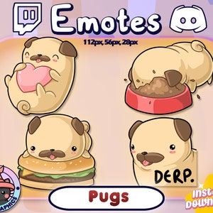Pug Twitch and Discord Emotes | Channel Points | Streamer Emote | Dogs, Dog, Love, Burger, Pet, Animal, Puppy, Heart, Food, Derp, Funny Meme
