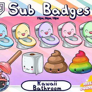 KAWAII BADKAMER Twitch Sub-badges | Abonneebadges | Bitbadges | Toilet, poep, poep, toiletpapier, plunjer, schattig, roze, pastelkleuren, grappig