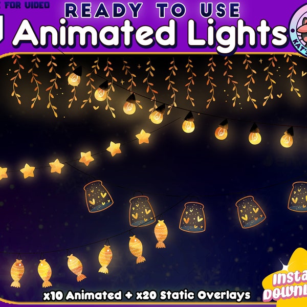 Flashing Aesthetic Yellow Lights for Twitch Streamers - Overlays & Scenes | Animated Twinkle Fairy Lights, Moon Stars Jars Leaves Nature