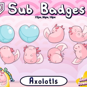 Kawaii AXOLOTL Twitch Sub Badges, Bit Badges, Discord Role Icons, YouTube Subscriber Badges, Streamer, Pink, Fish, Cute, Channel Points