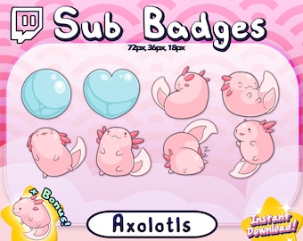 Kawaii AXOLOTL Twitch Sub Badges, Bit Badges, Discord Rolle Icons, YouTube Abonnenten Badges, Streamer, Pink, Fisch, Niedlich, Channel Points