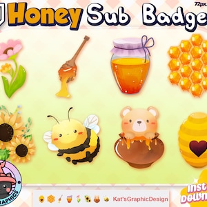 HONEY BEE Twitch Sub Badges | Subscriber Badges | Bit Badges, Unique, Kawaii, Chibi, Honeycomb, Flower, Nature, Bear, ADORABLE, Sunflower