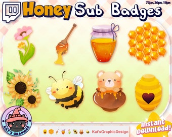 HONEY BEE Twitch Sub Badges | Subscriber Badges | Bit Badges, Unique, Kawaii, Chibi, Honeycomb, Flower, Nature, Bear, ADORABLE, Sunflower