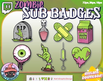 ZOMBIE Twitch Sub Abzeichen | Abonnenten-Abzeichen | Gebissabzeichen | Luftschlangen, Grün, Pink, Spooky, Emo, Witchery, Auge, Grabstein, Goth, Scary