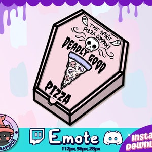 May include: A pink and white coffin-shaped pizza box with the text "The Spirit Pizza Company" and "Deadly Good Pizza". The box has a skull and crossbones design and a slice of pizza with mushrooms and skulls on it.