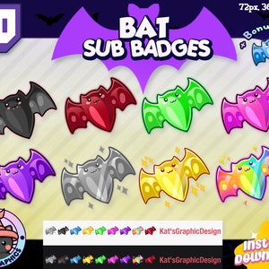May include: Set of 8 Twitch sub badges featuring cute cartoon bats in various colors, including black, red, green, pink, purple, gray, yellow, and rainbow. The badges are designed for use on Twitch and are available for instant download.