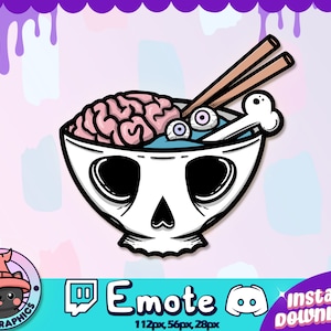 Può includere: Una ciotola a forma di teschio di cartone animato riempita di un liquido blu, un cervello rosa, bulbi oculari e un osso. La ciotola ha due bacchette che sporgono. L'immagine è in stile cartone animato e ha uno sfondo rosa e viola.
