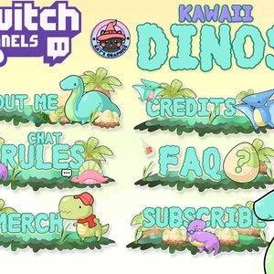 May include: Ten Twitch panels featuring cute cartoon dinosaurs in various poses. The panels are labeled with text such as "About Me", "Chat Rules", "Credits", "FAQ", "Merch", and "Subscribe".
