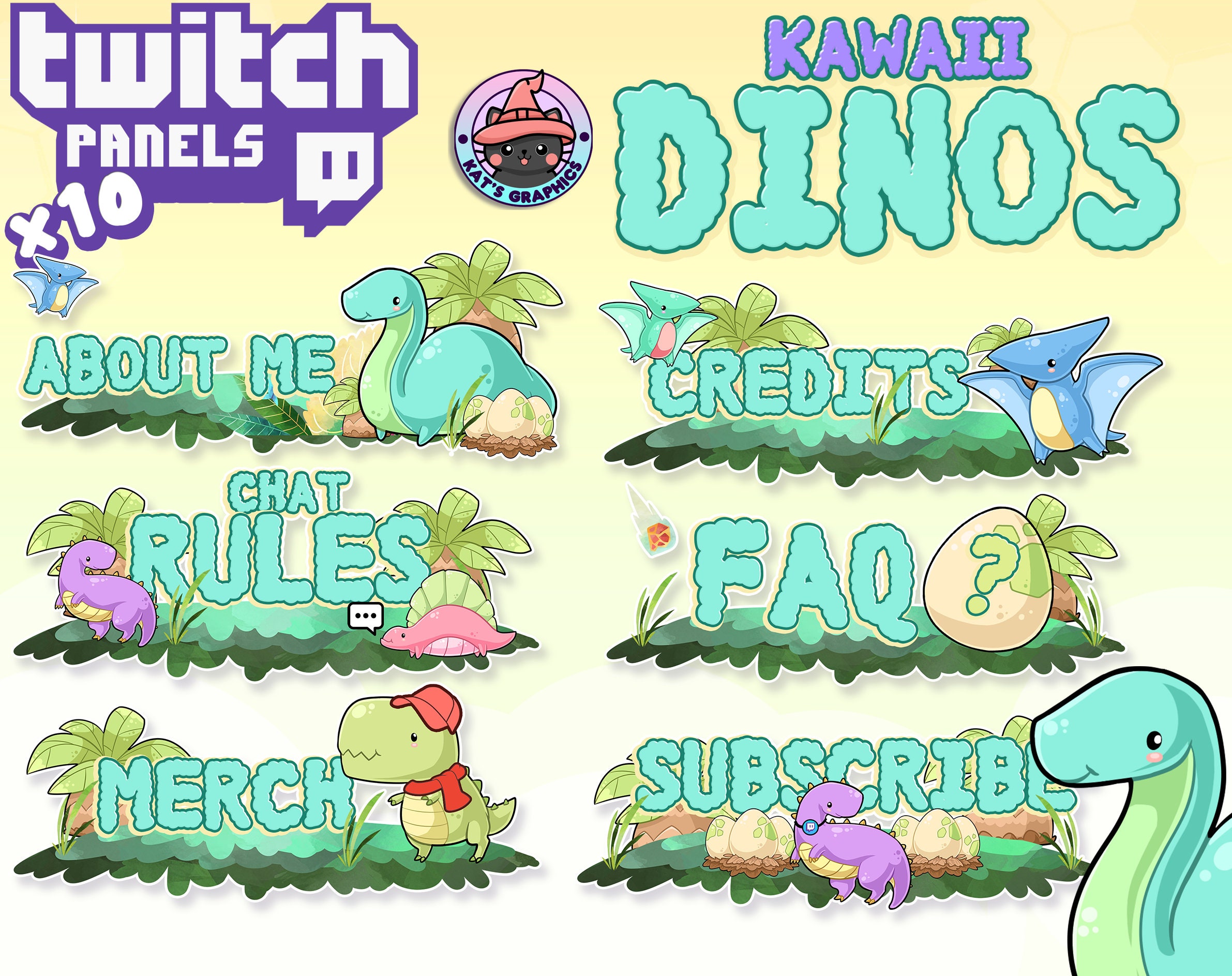 KAWAII DINO Dinosaur Twitch Streamer Panels / Buttons X10 PACKAGE ...