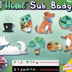 May include: A set of 10 watercolor-style Twitch sub badges featuring a variety of cute animals, plants, and objects. The badges are designed in a light green and brown color scheme and include a teacup, a book, a dog, a globe, a cat, a plant, a paint palette, and a witch.
